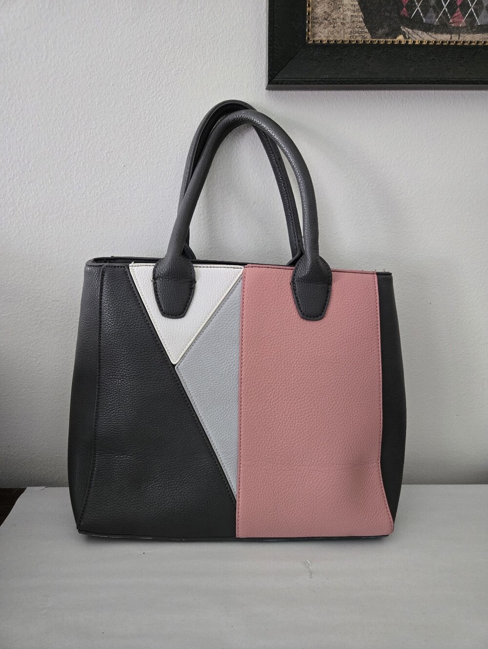 Charming Charlie Faux Leather Colorblock Pink Gray White Chunky Handbag